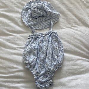 GAP Light Blue & White Striped Embroidered Baby Romper & Hat Set